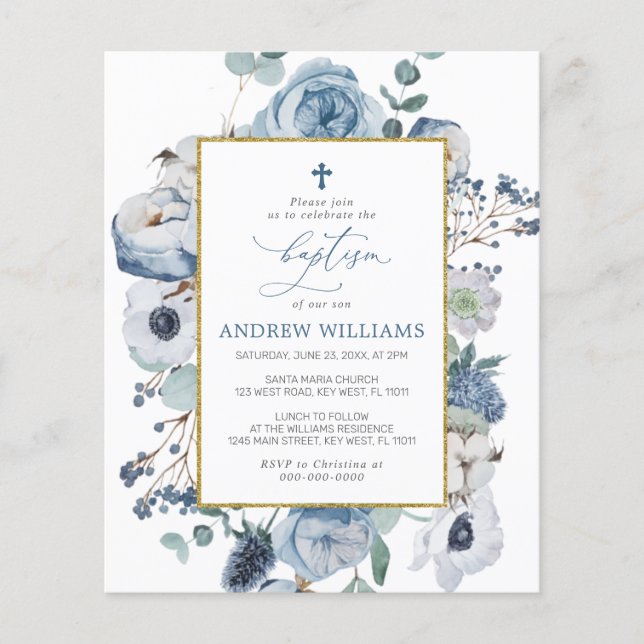 Papier Budget Blue Rose Fleurs Baptême Invitation (Devant)