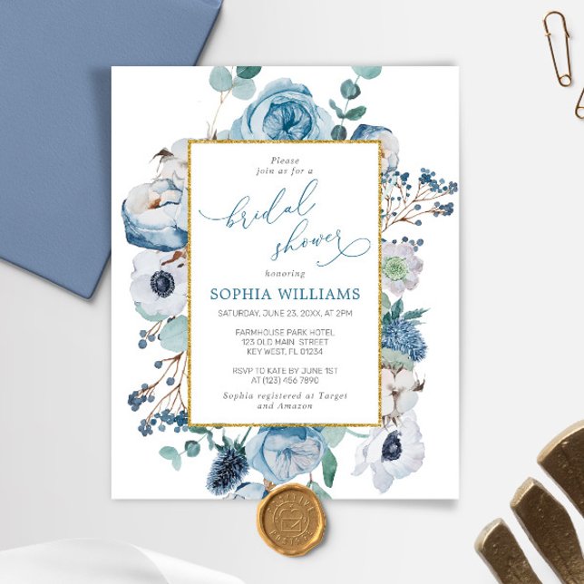 Papier Budget Blue Rose Fleurs nuptiale Douche Invitation (Créateur téléchargé)