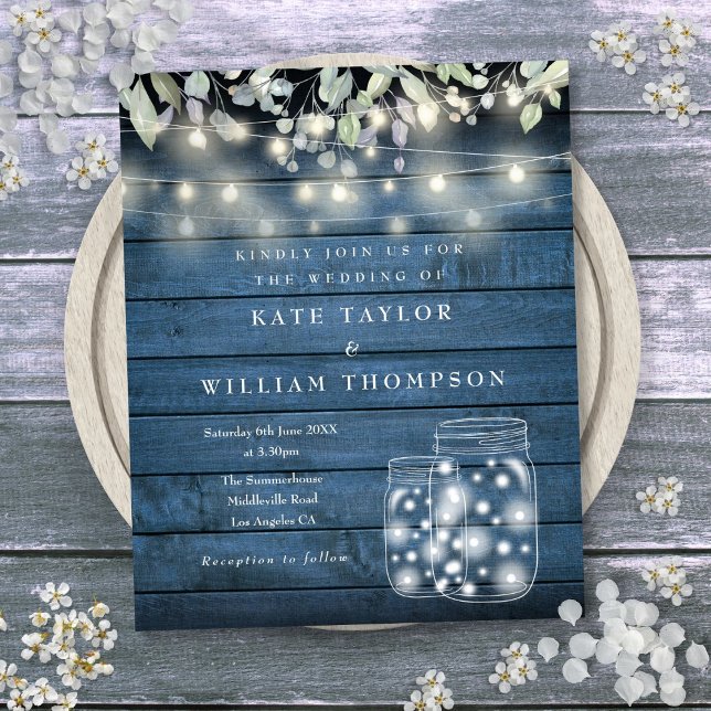 Papier Budget Blue Rustic Lumières Mason Jar Mariage Invi (Budget Blue Rustic Lights Mason Jar Wedding Invite)
