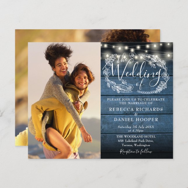 Papier Budget Blue Rustic Wood 2 Photo Wedding Invitation (Devant / Derrière)