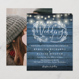 Papier Budget Blue Rustic Wood Photo Wedding Invitation