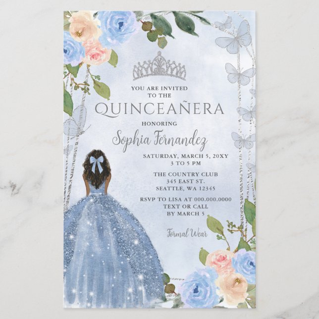 Papier Budget Blue Silver Floral Princesse Quinceañera (Devant)