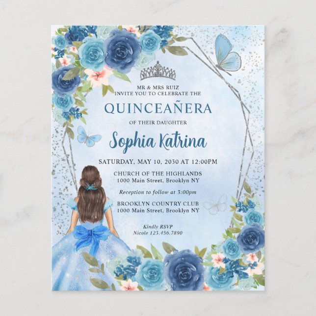 Papier Budget Blue Silver Floral Princesse Quinceañera (Devant)
