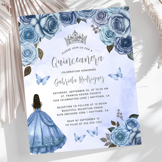 Papier Budget Blue Silver Floral Quinceañera Invitation (Créateur téléchargé)