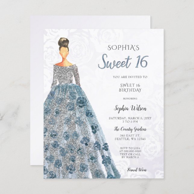 Papier Budget Blue Sparkle Robe Sweet 16 Invitation (Devant / Derrière)