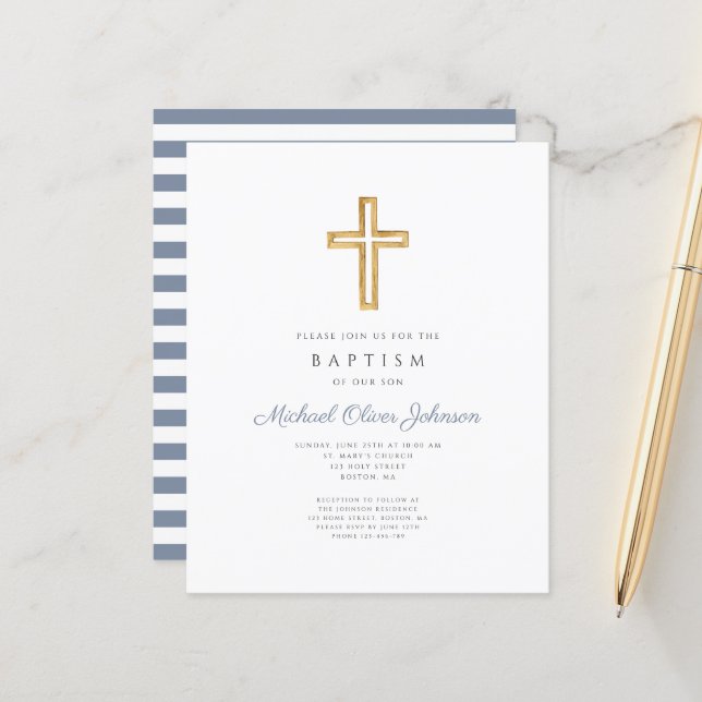 Papier Budget Blue Stripes Cross Religieux Garçon Baptême (Devant/Arrière en situation)
