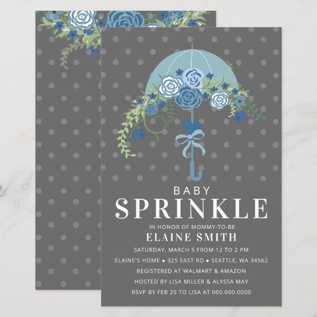 Papier Budget Blue Umbrella Boy Baby shower Invitation (Devant / Derrière)