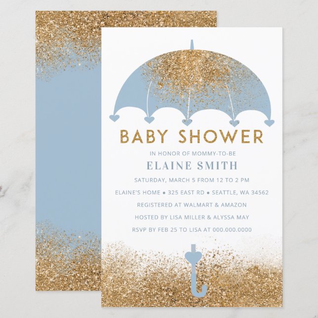 Papier Budget Blue Umbrella Boy Baby shower Invitation (Devant / Derrière)