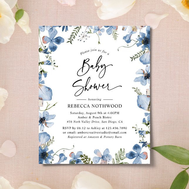Papier Budget Blue Violet Floral Baby shower Invitation (Créateur téléchargé)