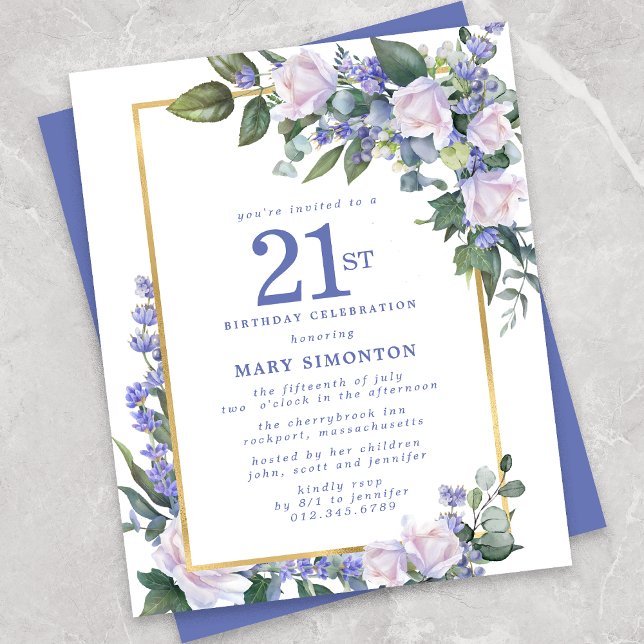 Papier Budget Blue White Floral Invitation 21e anniversai (Créateur téléchargé)