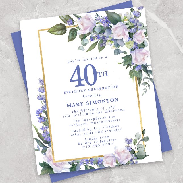 Papier Budget Blue White Floral Invitation 40e anniversai (Créateur téléchargé)