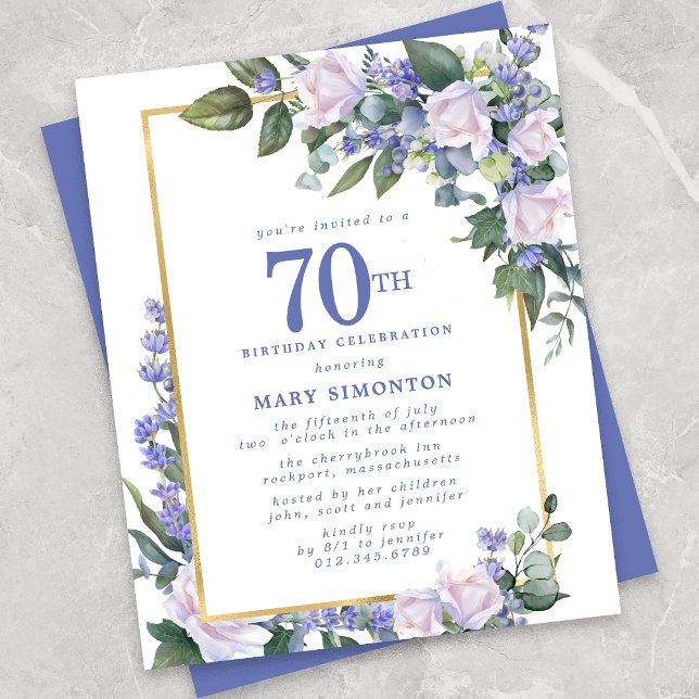 Papier Budget Blue White Floral Invitation 70e anniversai (Créateur téléchargé)
