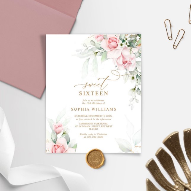Papier Budget Blush & Eucalyptus Sweet 16 Invitation (Créateur téléchargé)