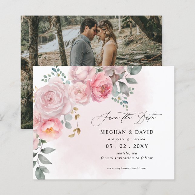 Papier Budget Blush Floral Photo Enregistrer la date (Devant / Derrière)