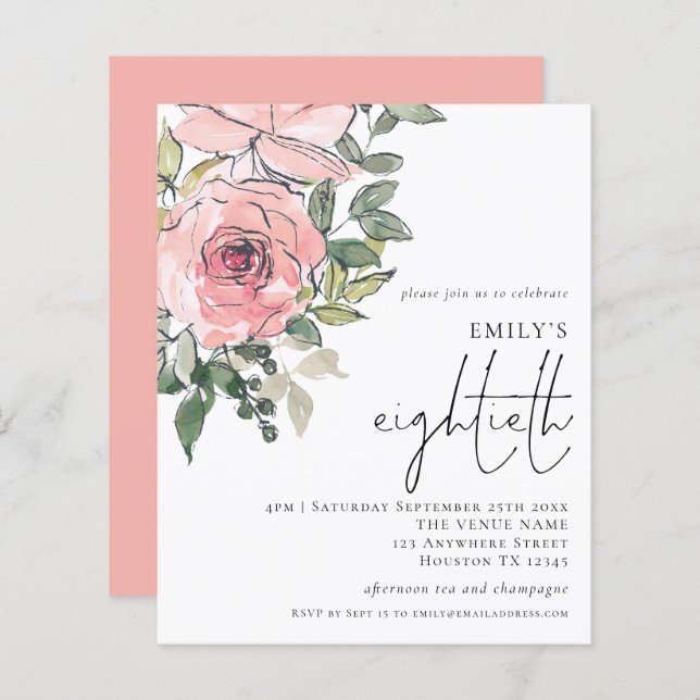 Papier Budget Blush Florals Invitation du 80e parti (Devant / Derrière)