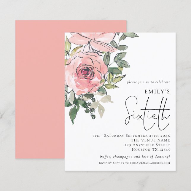 Papier Budget Blush Florals Soixantième anniversaire Invi (Devant / Derrière)