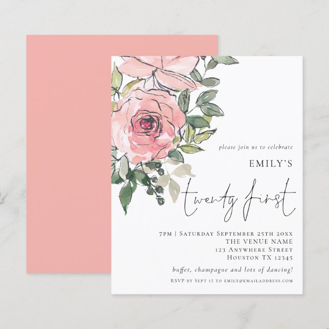 Papier Budget Blush Florals Vingt et unième Invitation d' (Devant / Derrière)