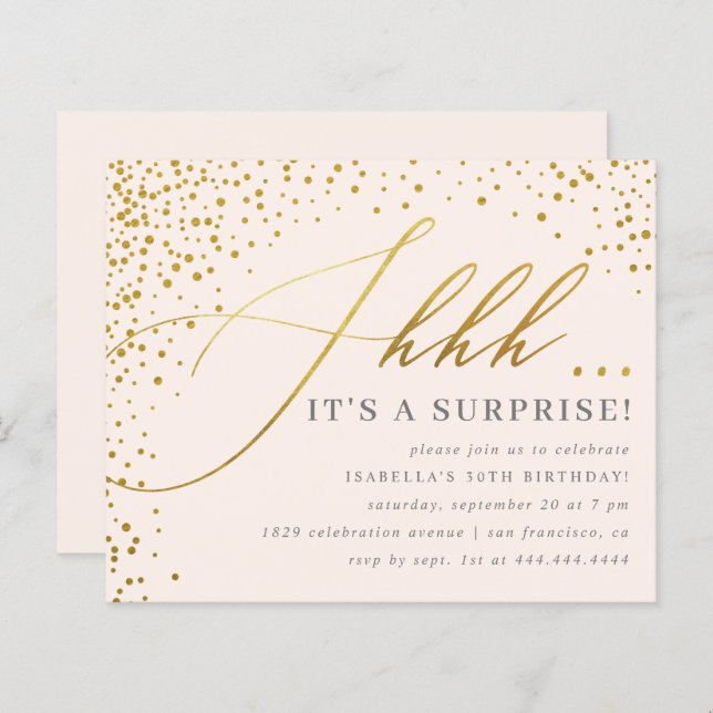 Papier Budget Blush & Gold Confetti Script Surprise Party (Devant / Derrière)