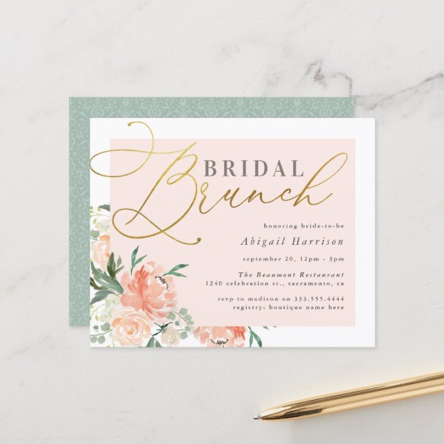 Papier Budget Blush & Gold Script Floral Bridal Brunch (Devant/Arrière en situation)