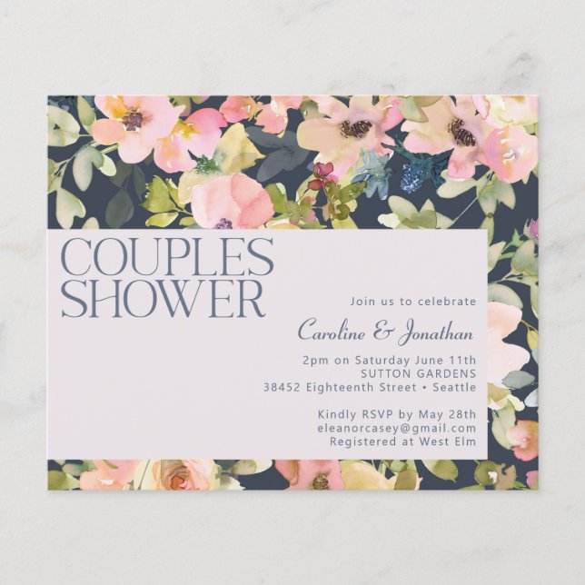Papier Budget Blush Marine Floral Couples Invitation de d (Devant)
