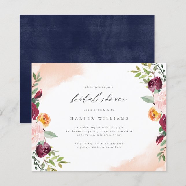Papier Budget Blush Marine Floral Fête des mariées botani (Devant / Derrière)