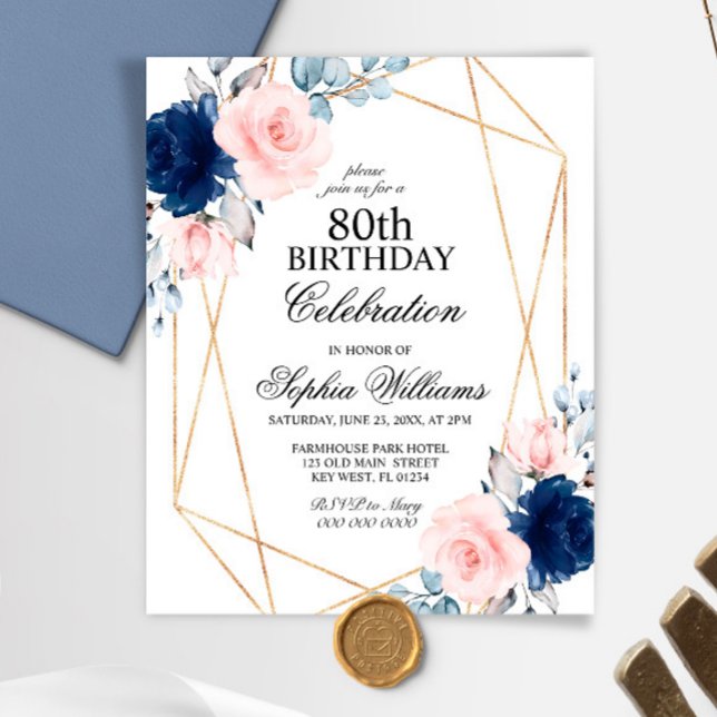 Papier Budget Blush & Navy Tout âge Anniversaire Invitati (Créateur téléchargé)