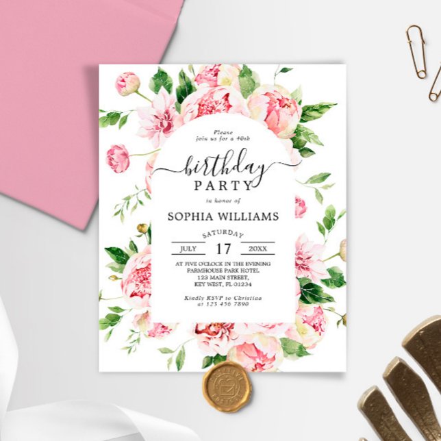 Papier Budget Blush Peonies Anniversaire Fête Invitation (Créateur téléchargé)