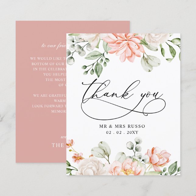 Papier Budget Blush Pink Floral Wedding Thank You Card (Devant / Derrière)