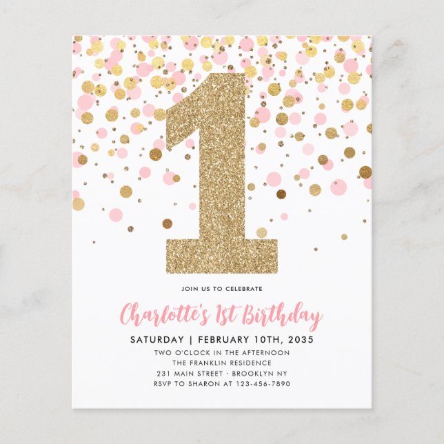 Papier Budget Blush Pink Gold Confetti Fille 1er annivers (Devant)