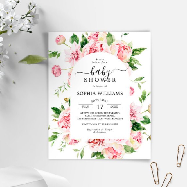 Papier Budget Blush Pink Peonies Baby shower Invitation (Créateur téléchargé)