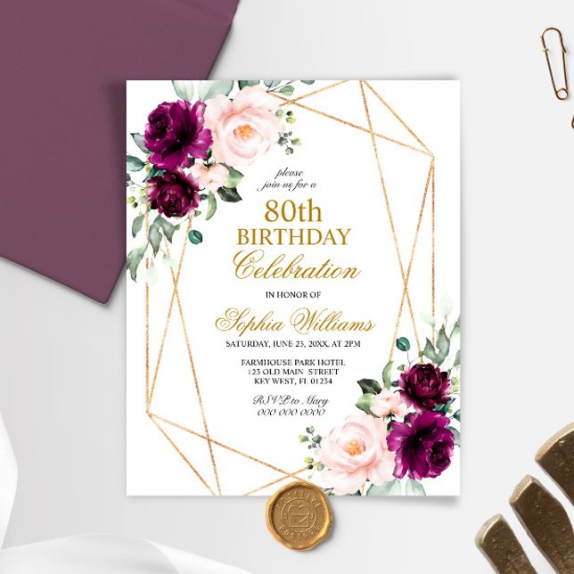 Papier Budget Blush & Purple Rose 80 Anniversaire Invitat (Créateur téléchargé)