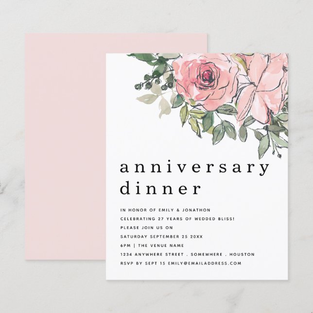 Papier Budget Blush rose Floral Anniversaire Dîner Invita (Devant / Derrière)