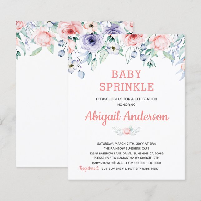 Papier Budget Blush rose Floral Baby Sprinkle Invitation (Devant / Derrière)