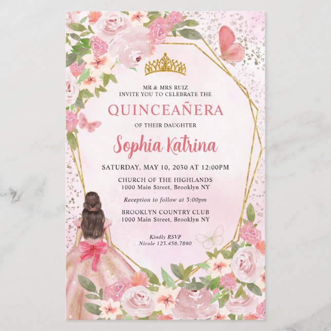Papier Budget Blush rose Floral Or Princesse Quinceañera (Devant)