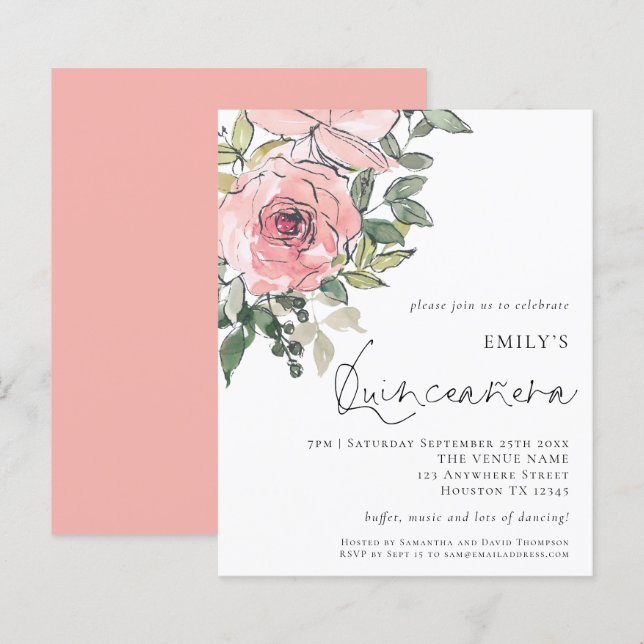Papier Budget Blush rose Florals Quinceañera Invitation (Devant / Derrière)