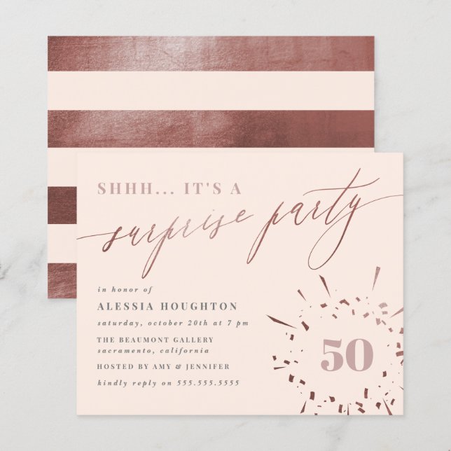 Papier Budget Blush & Rose Gold Script Surprise Party (Devant / Derrière)