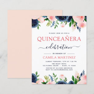 Papier Budget Blush Rose Navy Blue Floral Quinceanera
