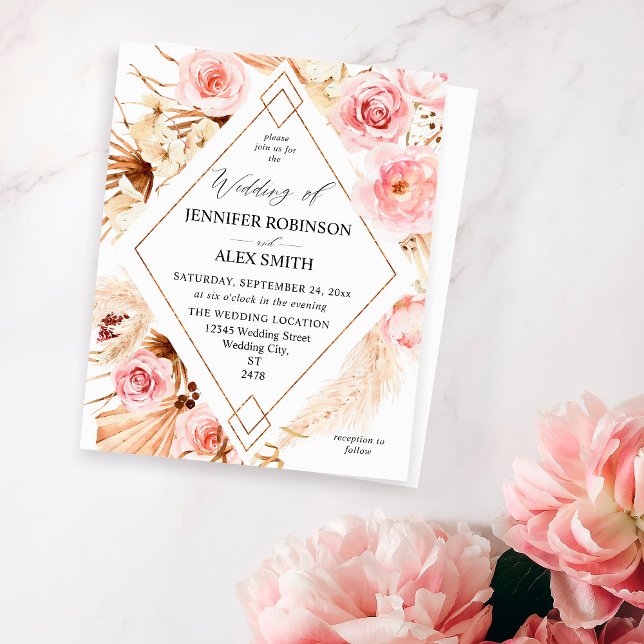 Papier Budget Bohème Rose et Beige Fleurs Dorées Mariage (Créateur téléchargé)