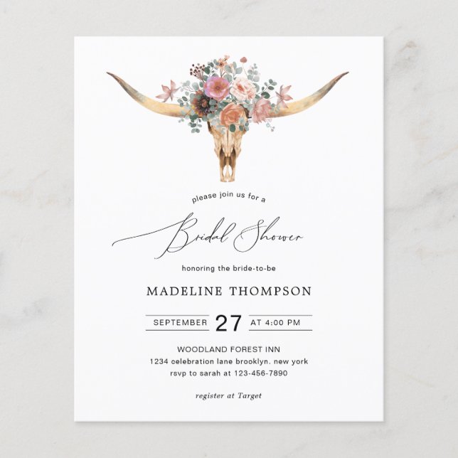 Papier Budget Bohemian Cow Skull Floral Fête des mariées (Devant)
