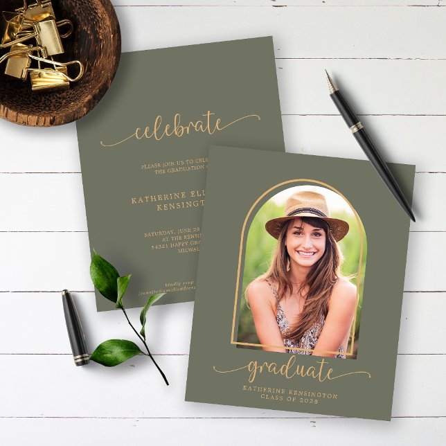 Papier Budget Boho Arch Green Gold Photo Graduation (Créateur téléchargé)