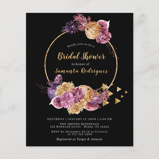 Papier Budget Boho Automne Black Bridal Shower Invitation (Devant)