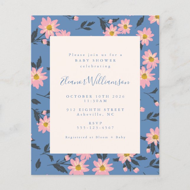 Papier Budget Boho Baby shower floral rose bleu (Devant)