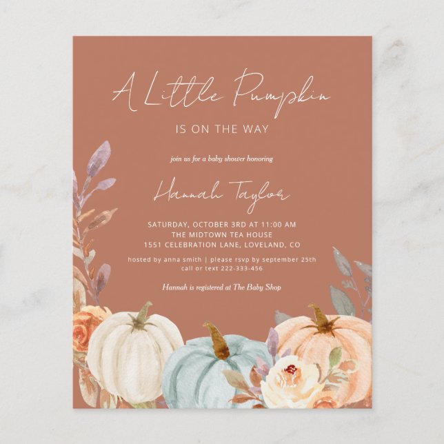 Papier Budget Boho Baby shower Petit Citrouille Invitatio (Devant)