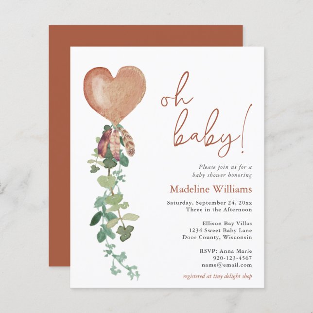 Papier BUDGET Boho Balloon Invitation Baby shower de verd (Devant / Derrière)