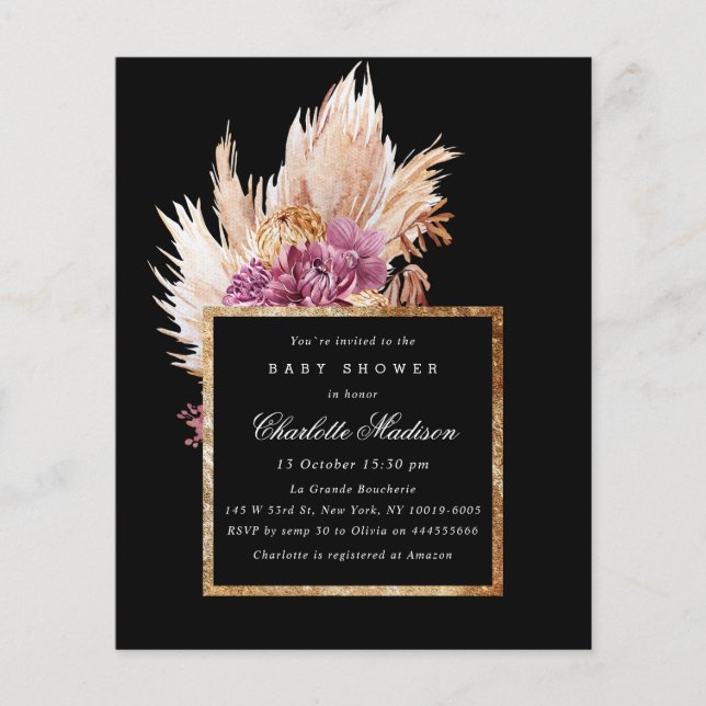 Papier Budget Boho Black, Baby shower d'or Invitation (Devant)