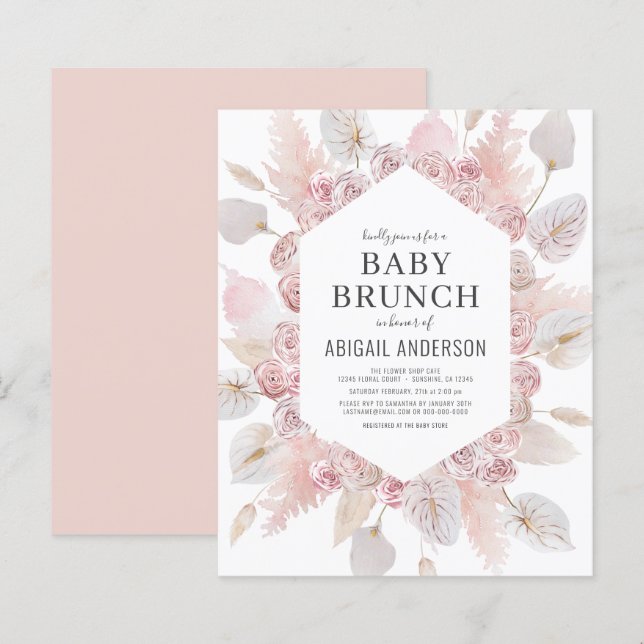 Papier Budget Boho Blush Rose Baby Brunch Invitation (Devant / Derrière)