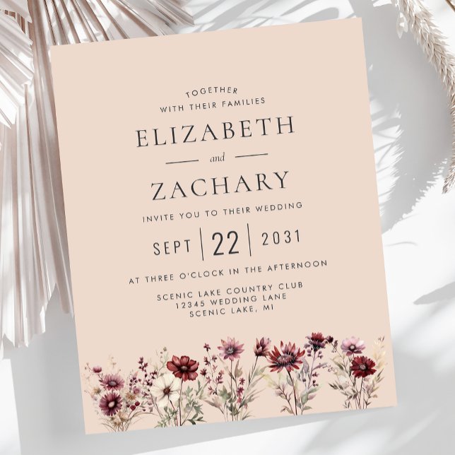 Papier Budget Boho Bourgogne Floral Blush Wedding Invitat (Créateur téléchargé)