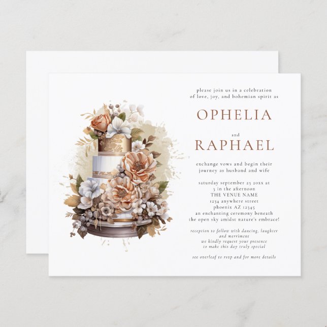 Papier Budget Boho Cake Florals Bohemian Wedding Invitati (Devant / Derrière)