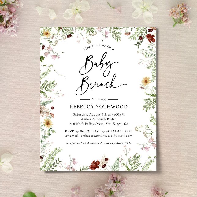 Papier Budget Boho Chic Fleur sauvage Baby Brunch Invitat (Créateur téléchargé)