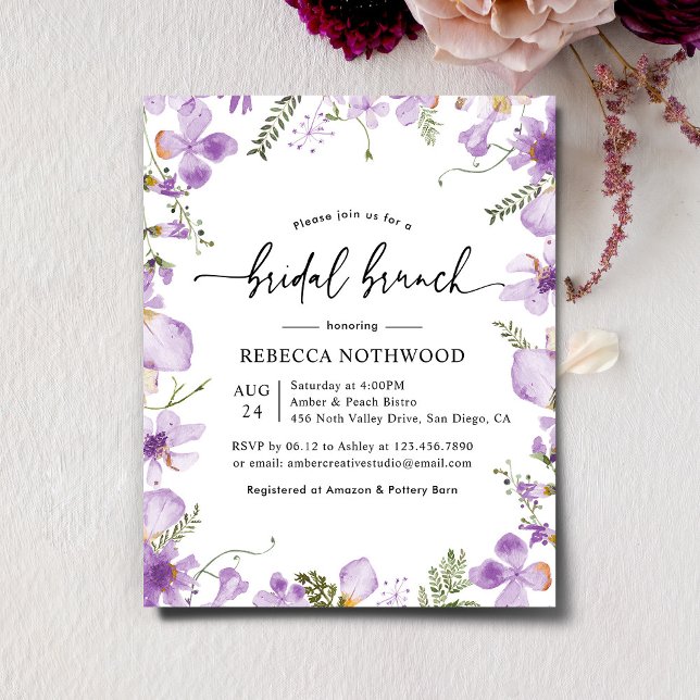 Papier Budget Boho Chic Purple Bridal Brunch Invitation (Créateur téléchargé)
